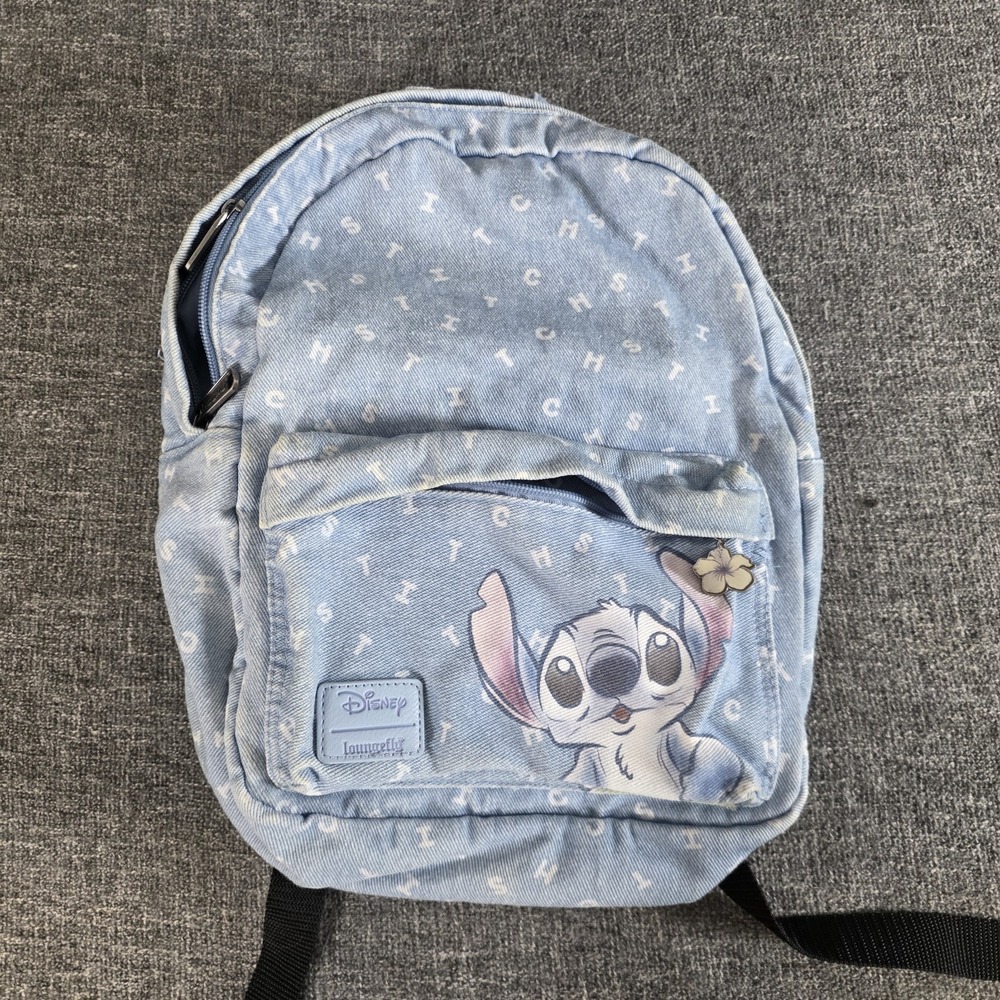 Disney Loungefly Stitch Light Wash Denim Mini Backpack Blue White Letter Print